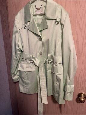 Women's Mint Green Belted Trench Coat with Flap Pockets
